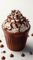 Delicious chocolate dessert topped with whipped cream and chocolate shavings on white background photo