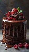 Decadent chocolate cake topped with fresh berries and drizzled chocolate, perfect for celebrations and desserts photo