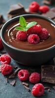 Fresh raspberries in rich chocolate served in a black bowl surrounded by chocolate pieces photo