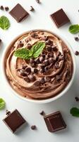 Creamy chocolate dessert topped with chocolate chips and mint leaves in a bowl on a white background photo