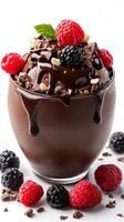 Delicious chocolate dessert topped with fresh berries and chocolate shavings served in a clear glass bowl photo