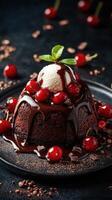 Delicious chocolate lava cake topped with ice cream and cherries served on a black plate photo
