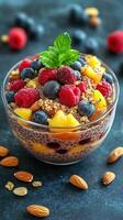 Colorful fruit parfait served in a clear glass bowl with chia seeds and nuts at a sunlit kitchen table photo