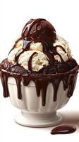 Decadent chocolate sundae with rich toppings served in a white ceramic bowl, perfect for dessert lovers photo