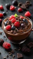 Creamy chocolate dessert topped with fresh berries and chocolate shavings in a glass bowl photo
