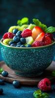 Fresh fruit salad with vibrant berries, kiwi, and mint garnishes in a patterned bowl on a wooden surface photo