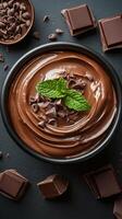 Delicious chocolate mousse topped with mint leaves and chocolate chips on a dark surface photo