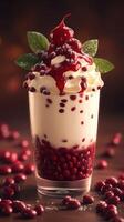 Delicious dessert with creamy layers and vibrant toppings served in transparent glass photo