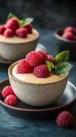 Creamy dessert topped with fresh raspberries and mint on a dark background for a gourmet presentation photo