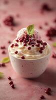 Delicious dessert featuring whipped cream, red beans, and ice cream served in a bowl on a pink background photo