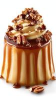Delicious caramel dessert topped with whipped cream and pecans served on white plate photo