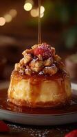 Delicious dessert with caramel drizzle and strawberry topping served on a plate at a cozy setting photo