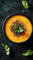 Creamy orange soup topped with black seeds and fresh basil leaves on a dark surface photo