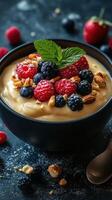 Delicious berry parfait with nuts and mint served in a black bowl against a dark background photo