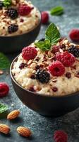 Delicious dessert featuring creamy rice pudding topped with fresh berries and nuts on a rustic background photo