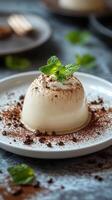Creamy dessert topped with mint and cocoa on a plate in a cozy dining setting photo