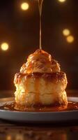 Delicious dessert drizzled with syrup on a warm evening photo