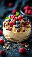 Dessert served in a glass with layers of cream, berries, and nuts, garnished beautifully for a fresh and indulgent treat photo