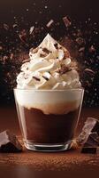 Decadent dessert in a glass showcasing layered chocolate and whipped cream topped with chocolate shards photo
