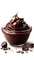 Creamy chocolate mousse in a glass bowl with chocolate shavings and pieces on a plain background photo