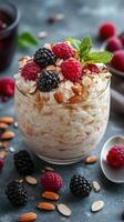 Delicious yogurt parfait with berries and almonds prepared in the kitchen on a sunny day photo