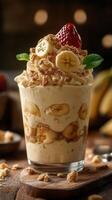 Delicious dessert featuring layers of banana, cream, and granola topped with a strawberry and mint on a wooden table photo