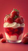 Delicious strawberry dessert served in a clear glass bowl with whipped cream and red gel on a vibrant background photo