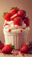 Delicious strawberry cupcake topped with fresh strawberries and cream set against a soft background photo