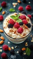 Delicious healthy dessert topped with fresh berries and nuts served in a glass bowl photo