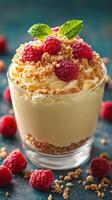 Delightful dessert featuring creamy custard, fresh raspberries, and crunchy topping in a glass cup photo