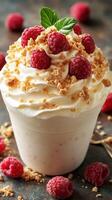 Delicious dessert featuring whipped cream, fresh raspberries, and crumbled topping served in a cup photo