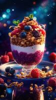 Colorful parfait with layers of yogurt, chia seeds, and fresh berries on a reflective surface at night photo