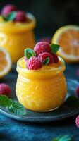 Colorful dessert featuring raspberry and lemon flavors garnished with mint and placed on a dark blue background photo