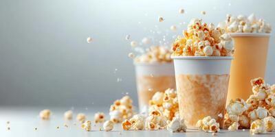 Freshly made popcorn overflowing from cups on a clean white surface in a well-lit environment photo