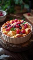 Delicious dessert featuring fresh berries served in a rustic setting with wooden accents and greenery photo
