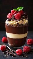 Delicious dessert featuring layers of chocolate and vanilla cream topped with fresh raspberries and mint photo