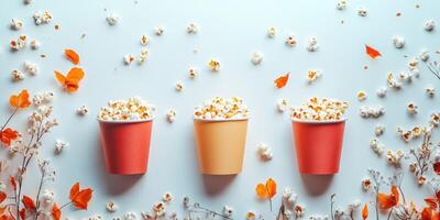 Colorful popcorn cups arranged with dried leaves and flowers for a festive autumn celebration photo