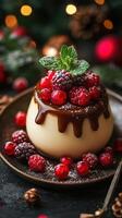 Delicious dessert featuring creamy panna cotta topped with fresh berries and chocolate drizzle for a festive celebration photo