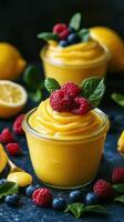 Creamy lemon dessert topped with fresh raspberries and blueberries in jars, garnished with mint leaves photo