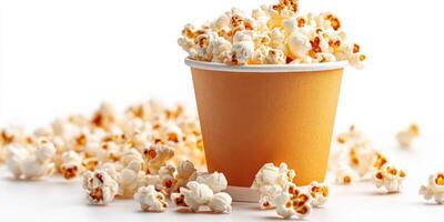 Freshly popped popcorn spilling from a cup on a clean surface at a movie night gathering photo