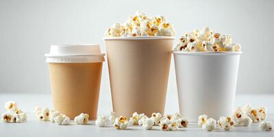 Popcorn varieties in different containers displayed on a neutral background for snack enjoyment during movie night photo