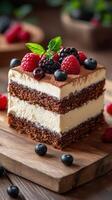 Delicious chocolate cake layered with creamy filling and topped with fresh berries on a wooden table photo