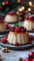 Holiday dessert featuring creamy panna cotta topped with fresh berries on a festive table photo