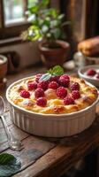Delicious baked dessert topped with fresh raspberries served on a rustic table in a cozy kitchen setting photo
