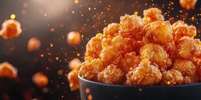Crispy popcorn chicken bites in a black bowl with seasoning flying around in a vibrant setting photo