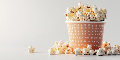 Freshly popped popcorn overflowing from a polka-dotted cup on a light surface photo