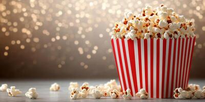 Enjoying freshly popped popcorn in a striped bucket with golden bokeh background creating a festive ambiance photo