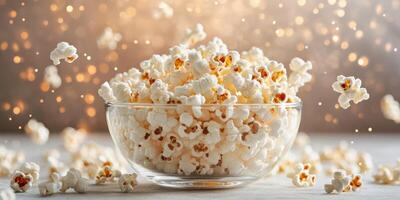 Delicious popped corn fills a glass bowl surrounded by scattered kernels in a cozy setting photo