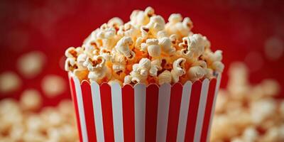 Freshly popped popcorn in a striped container surrounded by scattered kernels on a vibrant red background photo