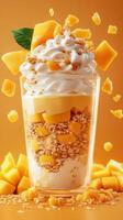 Delicious mango parfait with layers of yogurt, granola, and fresh fruit served against a bright orange background photo